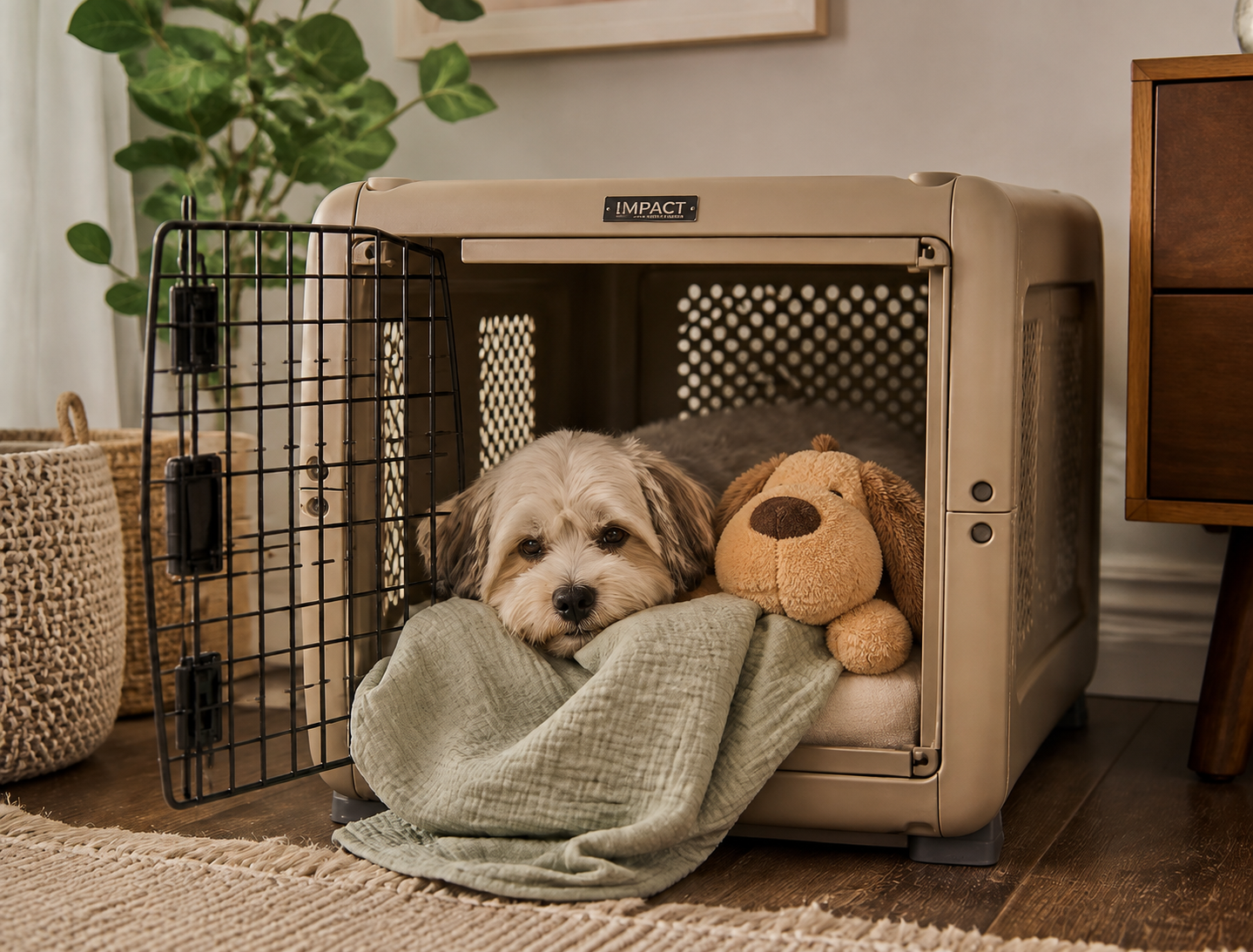 Puppy settled in a crate cuddling the CalmPawzzz plush